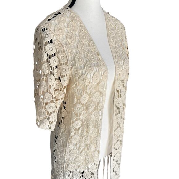 Crochet Lace Open Front Cardigan Kimono Fringe Overcoat Small Cream Western Boho - Picture 5 of 9